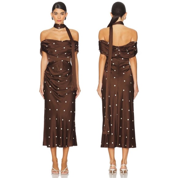LPA Luisa Polka Dot Midi Dress Detachable Scarf Brown Cream NEW with tags! - Picture 3 of 13